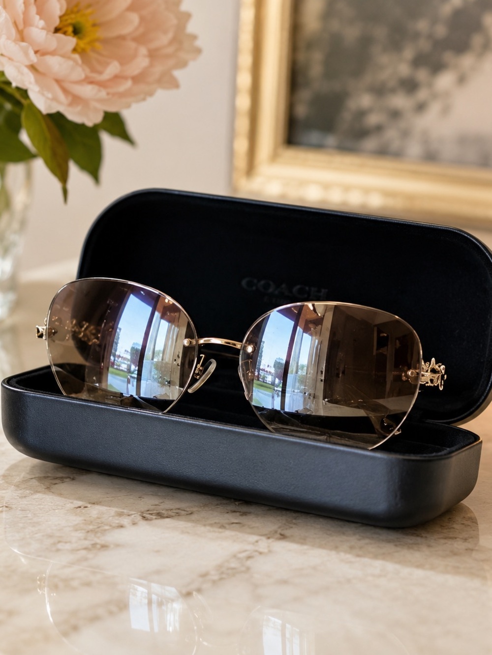 Coach Charm Story Rose Gold Rimless Floral Crystal Sunglasses w/ Case - Picture 3 of 13